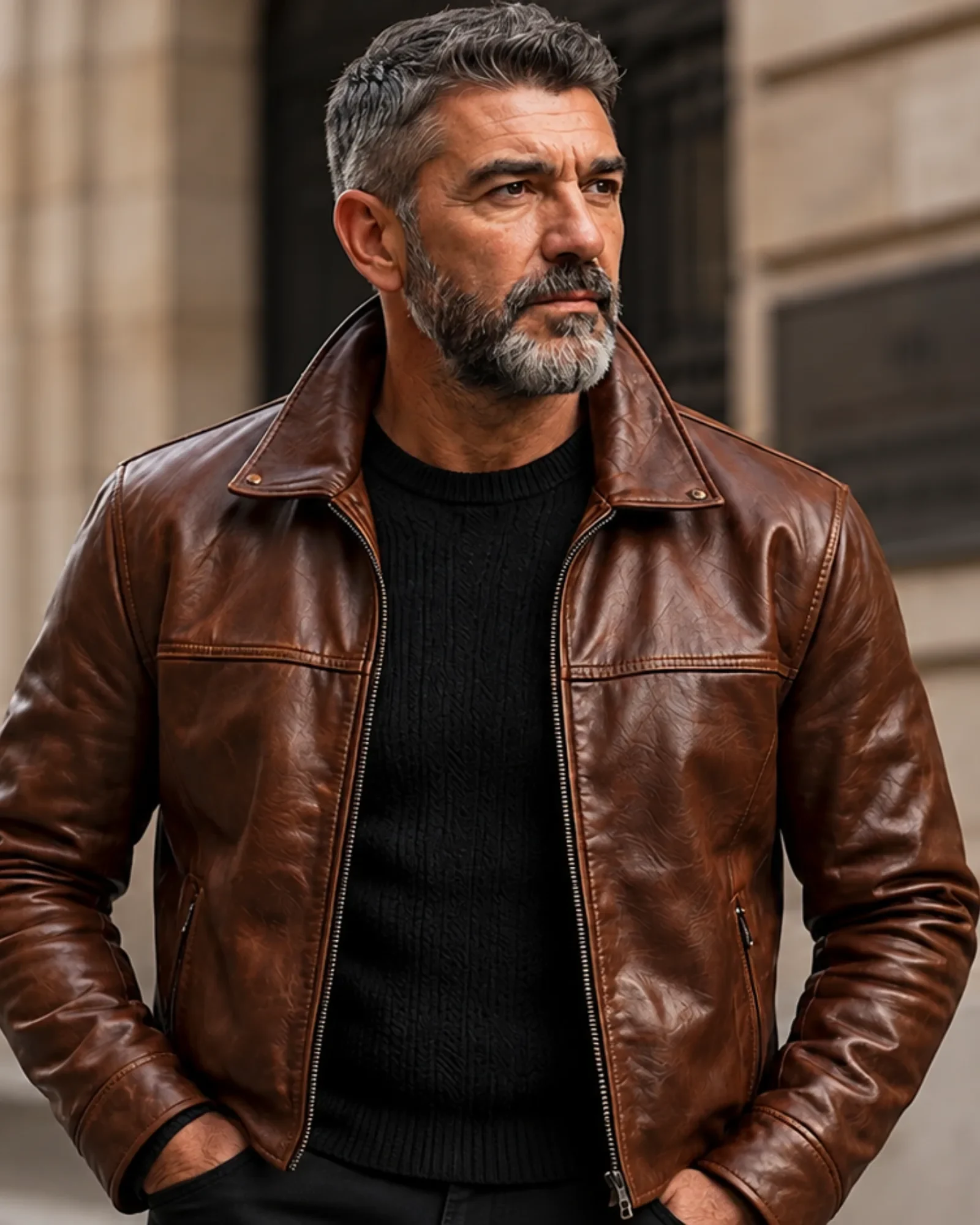 Homme portant un blouson en cuir sur mesure Cuir Élégance